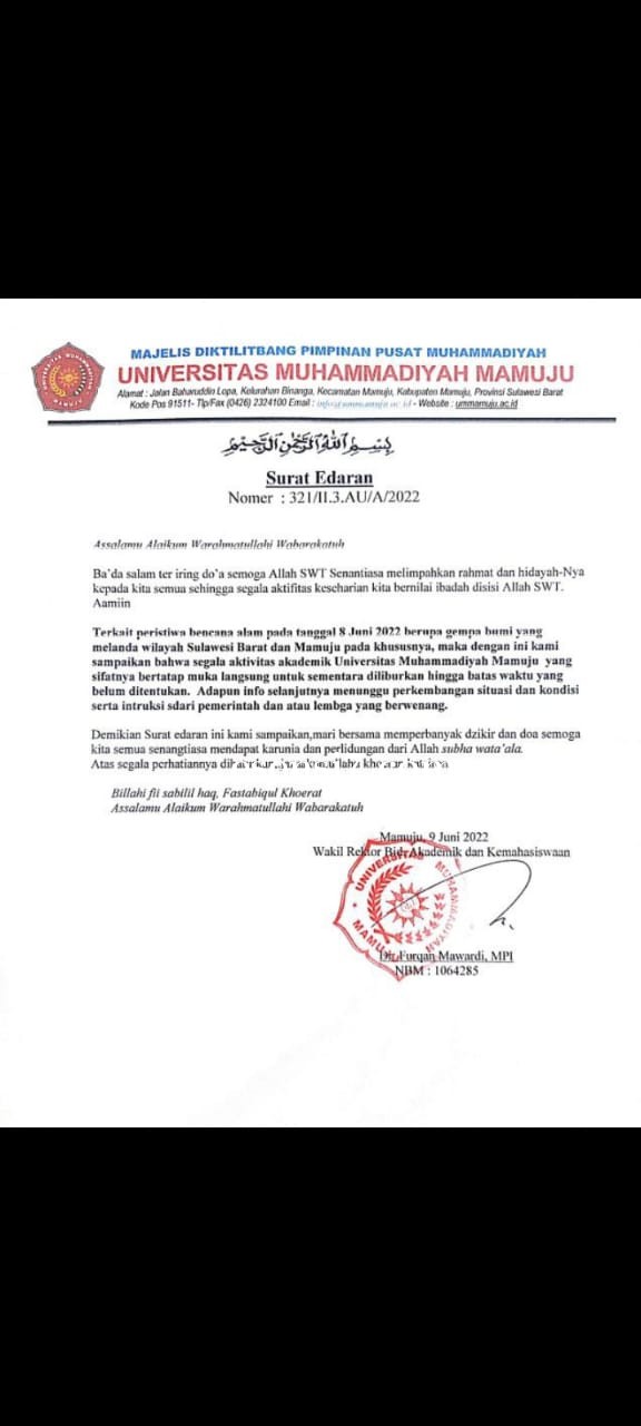 Mamuju Alami Bencana Gempa, Universitas Muhammadiyah Mamuju Keluarkan Surat Edaran 